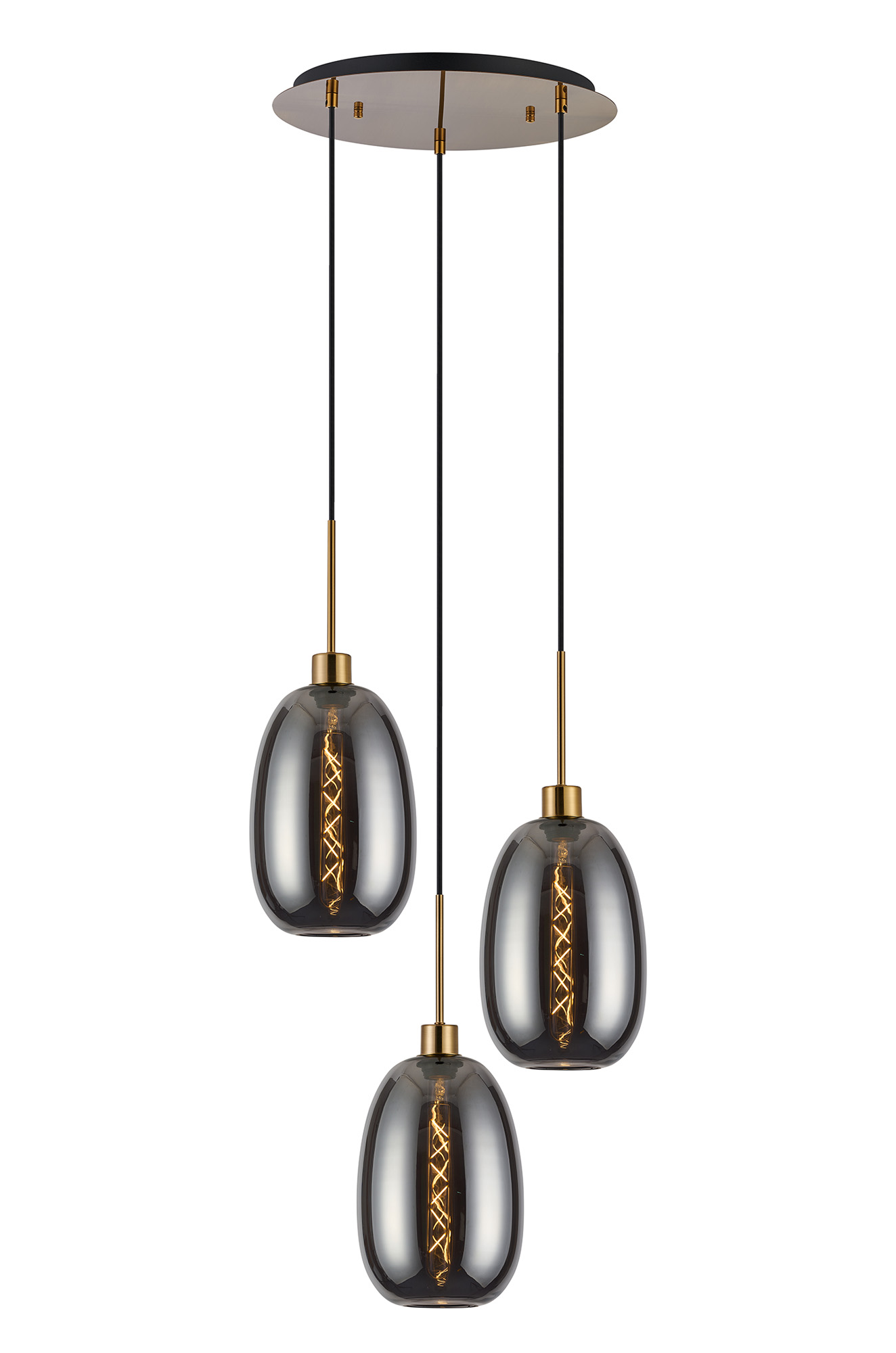 Lori 40cm Round Pendant, 3 Light Adjustable E27, Antique Gold/Smoke Slim Curved Trapezium Shades